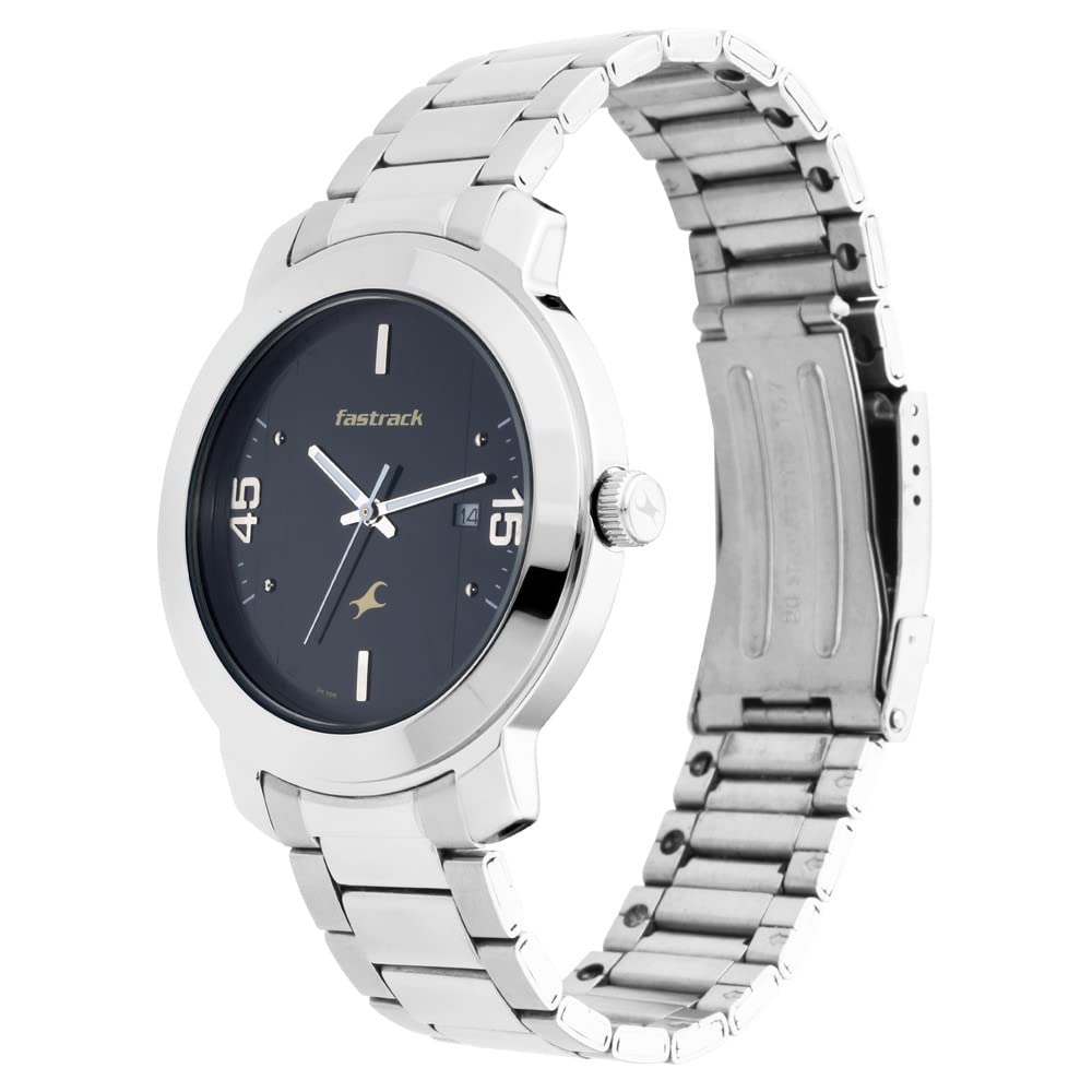 Fastrack Bare Basics Quartz Analog with Date Black Dial Silver Stainless Steel Strap Watch for Guys