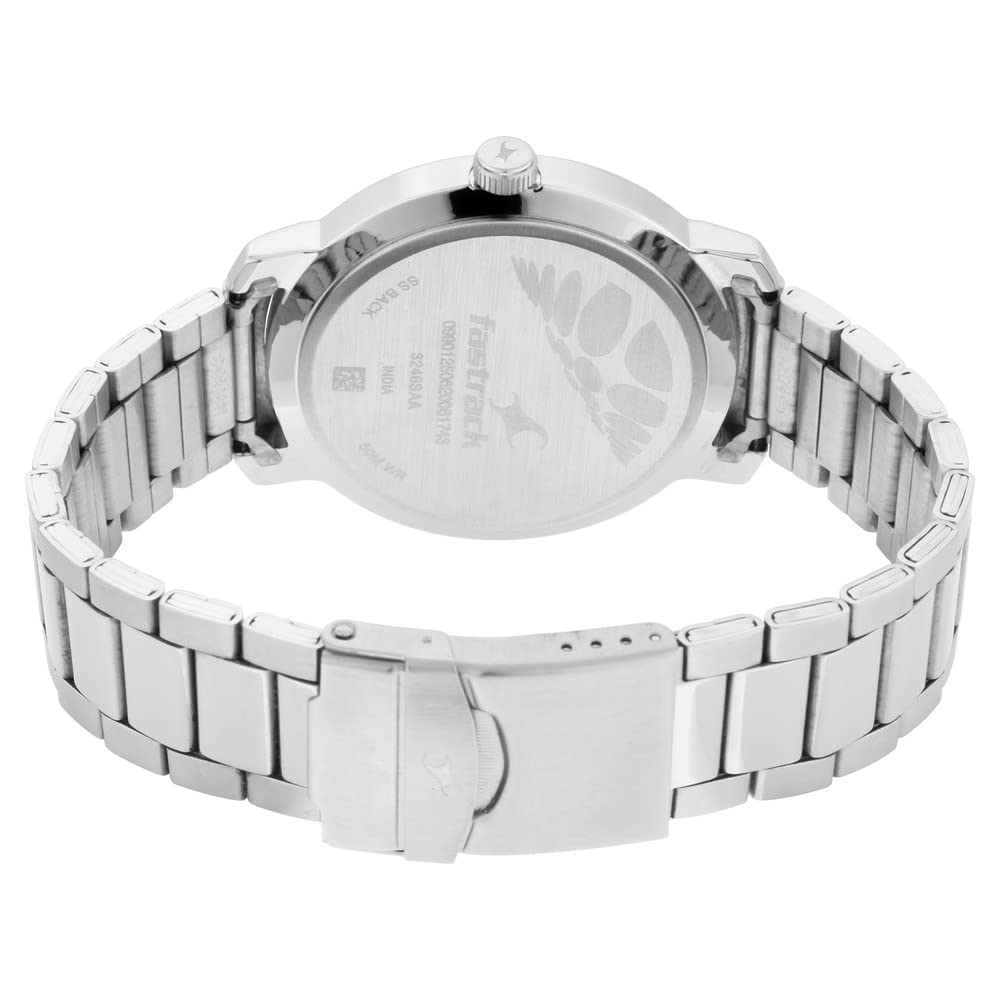 Fastrack Bare Basics Quartz Analog with Date Black Dial Silver Stainless Steel Strap Watch for Guys