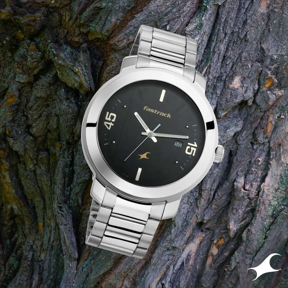 Fastrack Bare Basics Quartz Analog with Date Black Dial Silver Stainless Steel Strap Watch for Guys