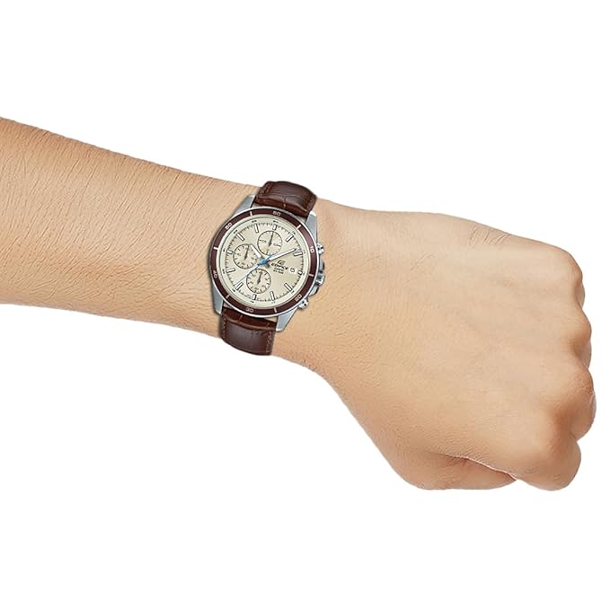 Casio Edifice EFR-526L-7BVUDF Beige Analog Dial Brown Leather Band Men's Watch Chronograph 100M Water Resistant