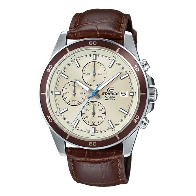 Casio Edifice EFR-526L-7BVUDF Beige Analog Dial Brown Leather Band Men's Watch Chronograph 100M Water Resistant