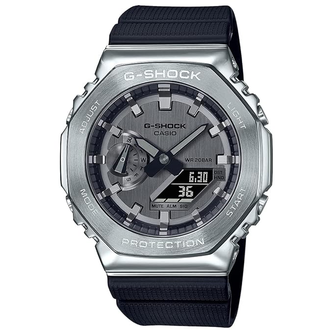 Casio G-Shock GM-2100-1ADR Silver Analog-Digital Dial Black Resin Strap Men's Watch Shock and 200M Water Resistant