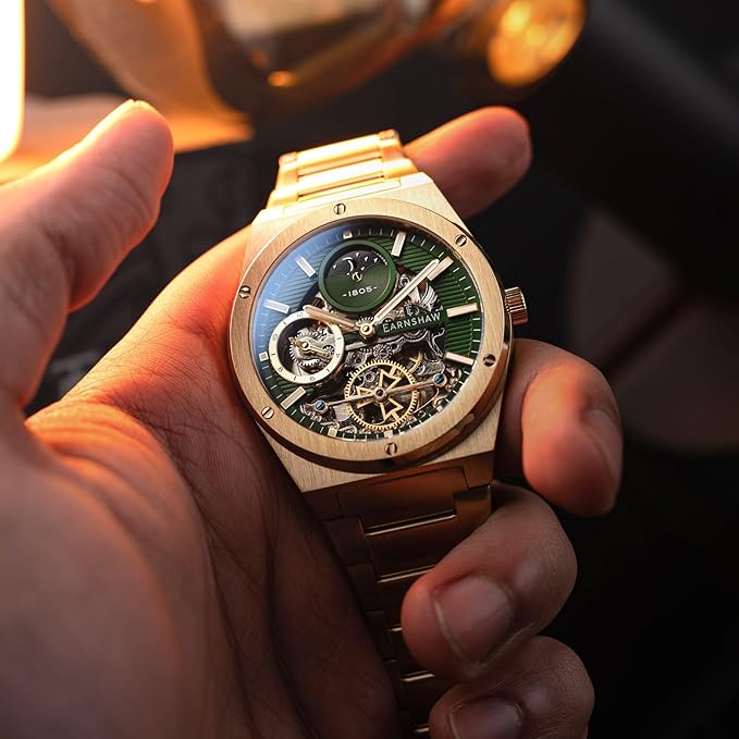 Earnshaw Drake Dual Time & Moonphase Automatic Green Round Dial Men's Watch