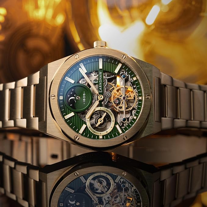 Earnshaw Drake Dual Time & Moonphase Automatic Green Round Dial Men's Watch