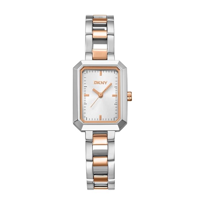 DKNY Uptown Midi Analog Plain 3-Hands Japanese Movement Silver Rectangle Dial with Two Tone Bracelet 12 mm, 30 m Water Resistance Women's Wrist Watch