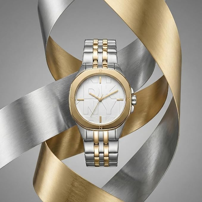 DKNY Brooklyn Midi Analog Plain 3-Hands Japanese Movement Silver Round Dial with Two Tone Bracelet 20 x 18 mm, 50 m Water Resistance Women's Wrist Watch