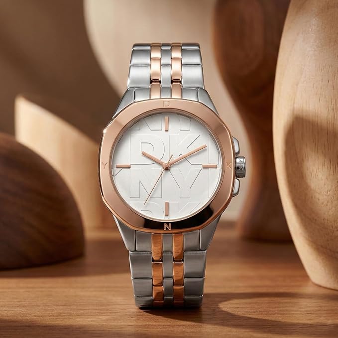 DKNY Brooklyn Midi Analog Plain 3-Hands Japanese Movement Silver Round Dial with Two Tone Bracelet 20 x 18 mm, 50 m Water Resistance Women's Wrist Watch