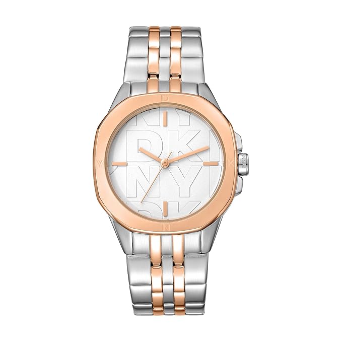 DKNY Brooklyn Midi Analog Plain 3-Hands Japanese Movement Silver Round Dial with Two Tone Bracelet 20 x 18 mm, 50 m Water Resistance Women's Wrist Watch