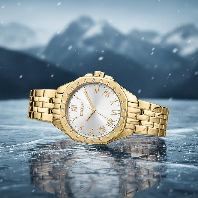 DKNY Brooklyn Mini Analog Plain 3-Hands Japanese Movement Silver Round Dial with Gold Bracelet 16 x 14 mm, 50 m Water Resistance Women's Wrist Watch