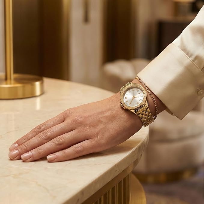DKNY Brooklyn Mini Analog Plain 3-Hands Japanese Movement Silver Round Dial with Gold Bracelet 16 x 14 mm, 50 m Water Resistance Women's Wrist Watch