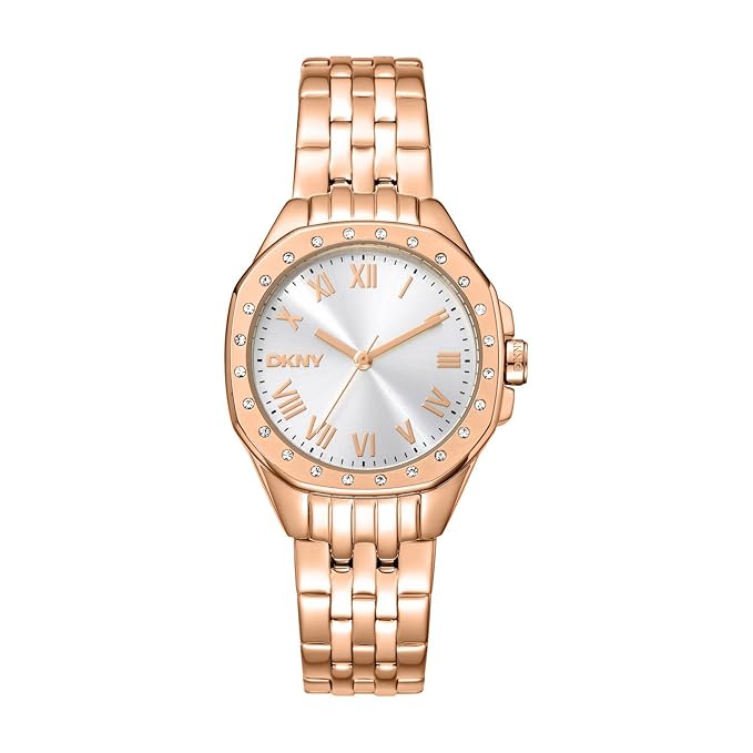DKNY Brooklyn Mini Analog Plain 3-Hands Japanese Movement Silver Round Dial with Rose Gold Bracelet 16 x 14 mm, 50 m Water Resistance Women's Wrist Watch