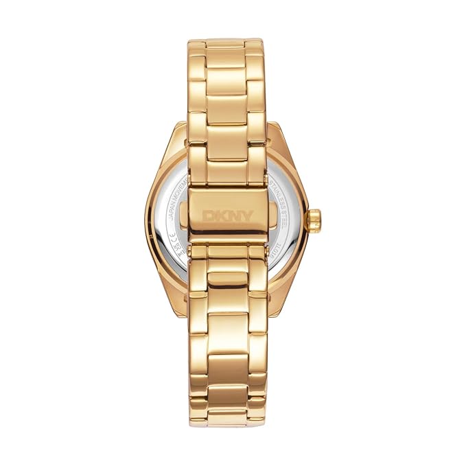 DKNY Chambers Midi Analog Plain 3-Hands Japanese Movement Silver White Round Dial with Gold Bracelet 16 x 14 mm, 50 m Water Resistance Women's Wrist Watch