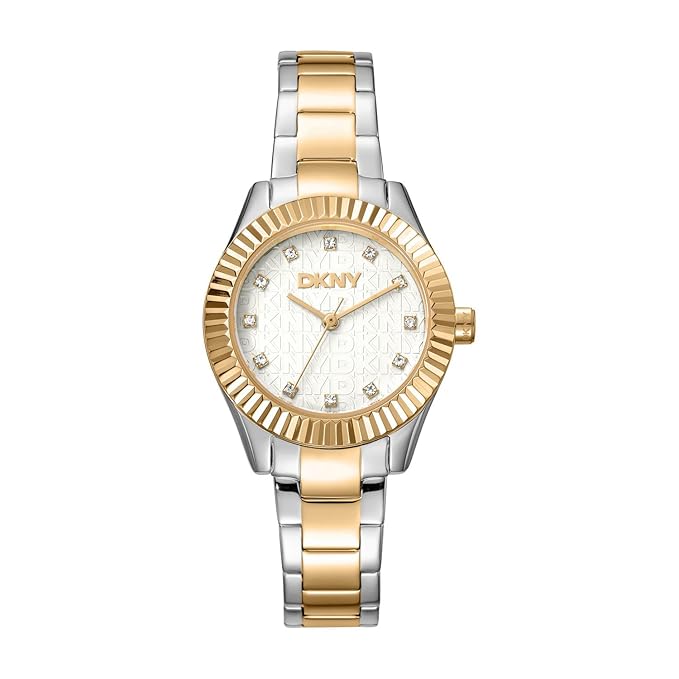 DKNY Chambers Glitz Analog Plain 3-Hands Japanese Movement Silver Round Dial with Two Tone Bracelet 14 x 12 mm, 50 m Water Resistance Women's Wrist Watch
