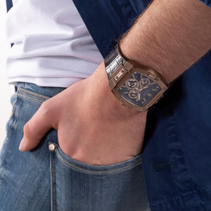 Guess Chronograph Blue Dial Men's Watch-GW0202G2 Genuine Leather, Brown Strap