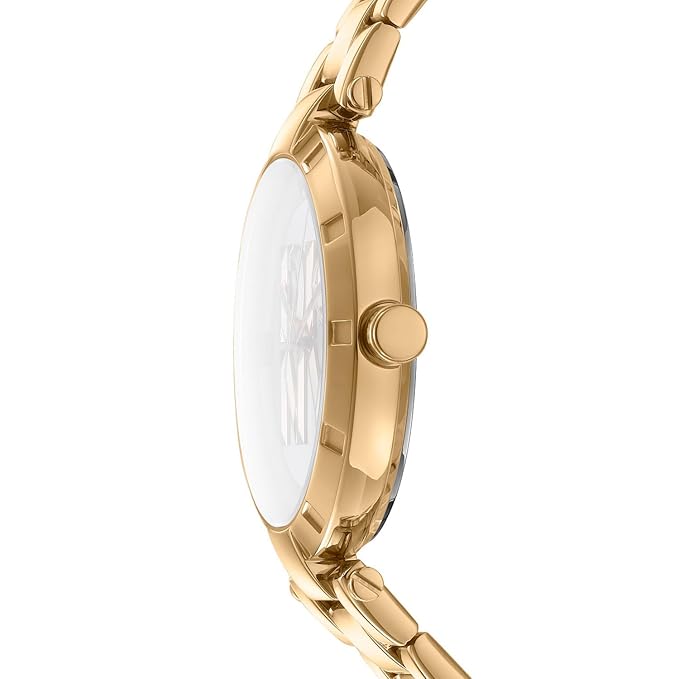 DKNY Essential Logo Analog Plain 3-Hands Japanese Movement Silver White Round Dial with Gold Bracelet 18 x 16 mm, 50 m Water Resistance Women's Wrist Watch
