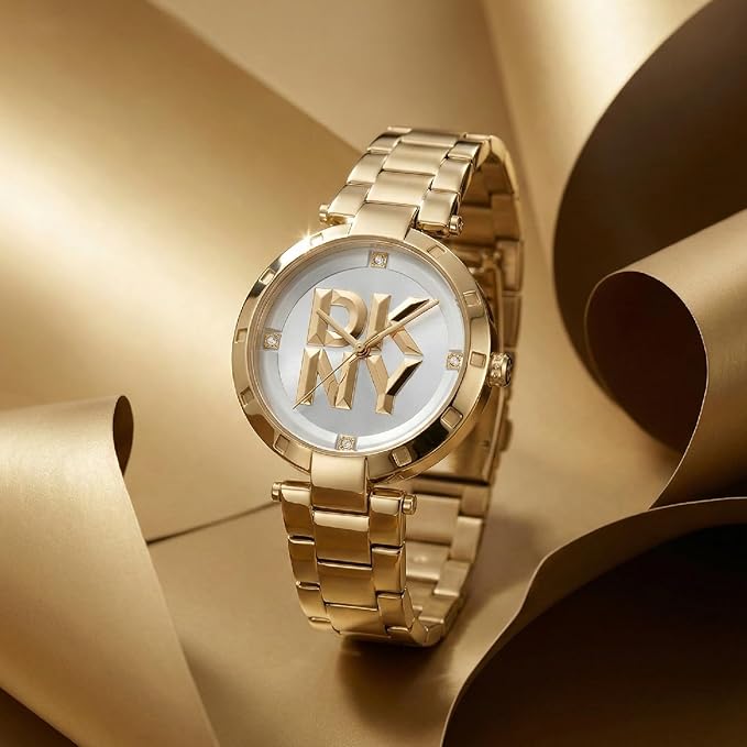 DKNY Essential Logo Analog Plain 3-Hands Japanese Movement Silver White Round Dial with Gold Bracelet 18 x 16 mm, 50 m Water Resistance Women's Wrist Watch