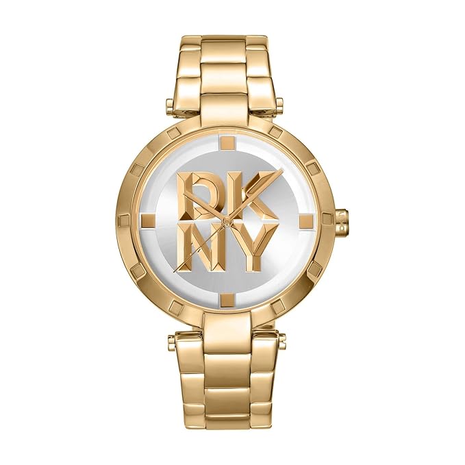 DKNY Essential Logo Analog Plain 3-Hands Japanese Movement Silver White Round Dial with Gold Bracelet 18 x 16 mm, 50 m Water Resistance Women's Wrist Watch