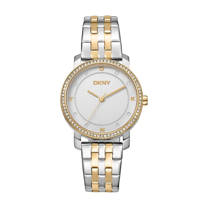 DKNY Astoria Glitz Analog Plain 3-Hands Japanese Movement Silver Round Dial with Two Tone Bracelet 16 x 14 mm, 50 m Water Resistance Women's Wrist Watch