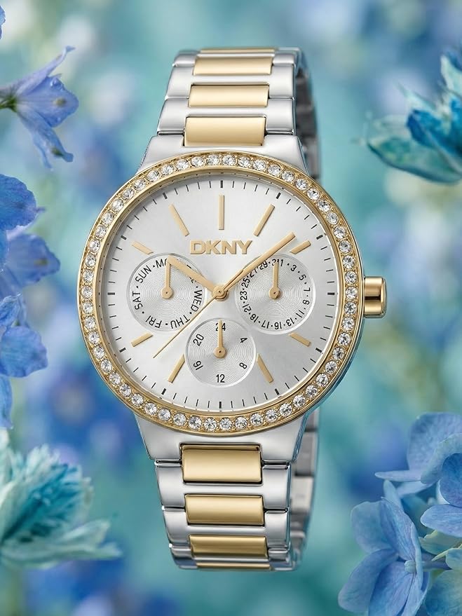 DKNY Evening Multifunction Japanese Movement Round Dial, Bracelet Width 18 x 16 MM, 30 m Water Resistance Women's Wrist Watch