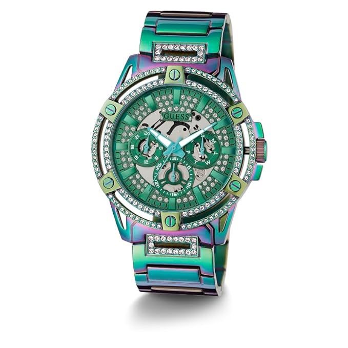 GUESS Stainless Steel Men 48Mm Analog Watch - Iridescent Bracelet Iridescent Dial Iridescent Case, Multi-Color Band