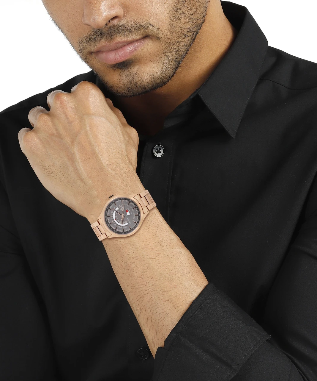 Helix TIMEX Stainless Steel Analog Men's Watch -Grey Dial Rose Gold Colored Strap