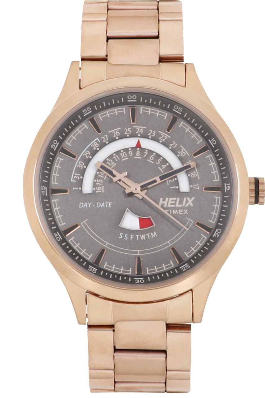 Helix TIMEX Stainless Steel Analog Men's Watch -Grey Dial Rose Gold Colored Strap