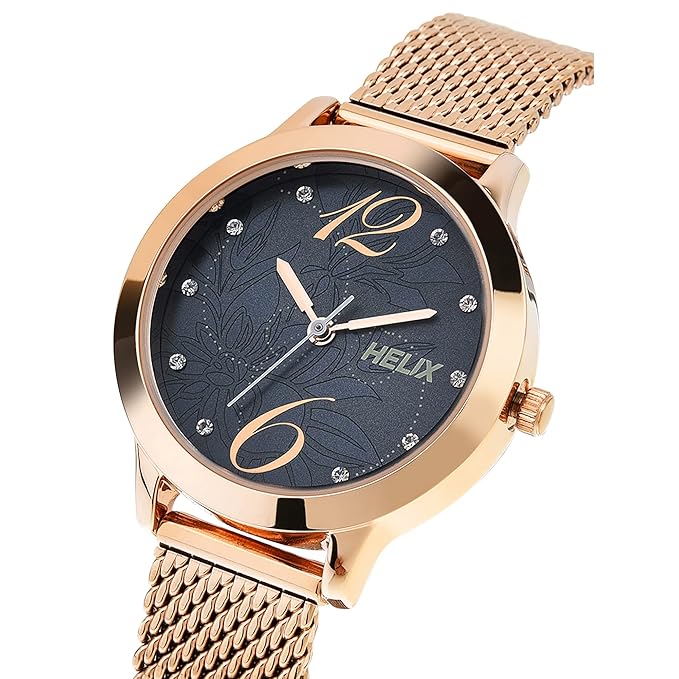 Helix by Timex Analog Watch for Women with Blue Round Dial & Rose Gold Stainless Steel Mesh Bracelet Band Water Resistant Women's Wrist Watch