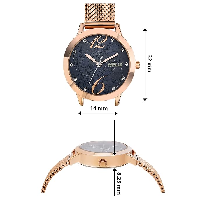 Helix by Timex Analog Watch for Women with Blue Round Dial & Rose Gold Stainless Steel Mesh Bracelet Band Water Resistant Women's Wrist Watch