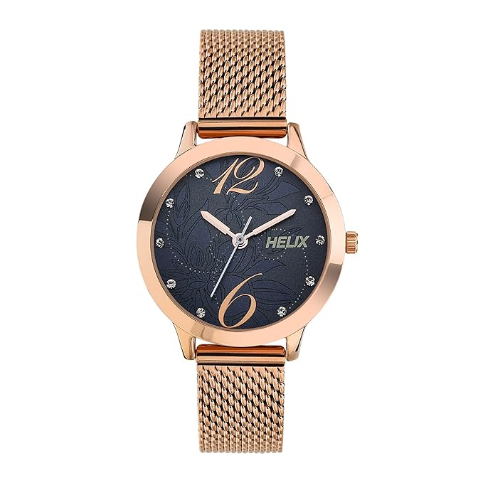 Helix by Timex Analog Watch for Women with Blue Round Dial & Rose Gold Stainless Steel Mesh Bracelet Band Water Resistant Women's Wrist Watch