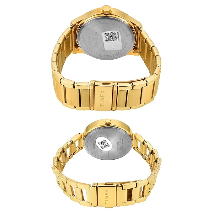 TIMEX Analog Watch for Couple with Green Round Dial & Gold Stainless Steel Bracelet Band Water Resistant Pair's Wrist Watches
