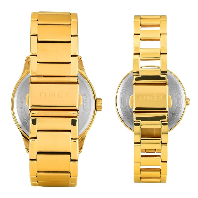 TIMEX Analog Watch for Couple with Green Round Dial & Gold Stainless Steel Bracelet Band Water Resistant Pair's Wrist Watches