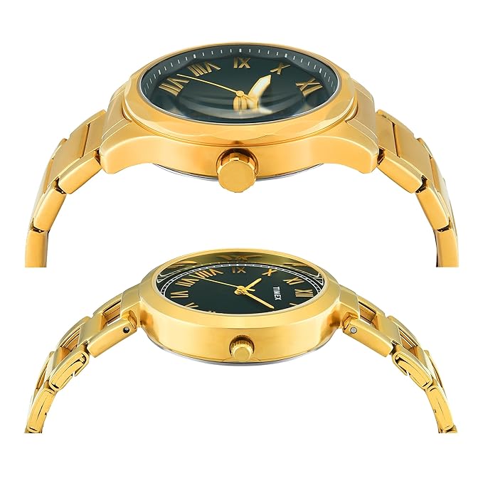 TIMEX Analog Watch for Couple with Green Round Dial & Gold Stainless Steel Bracelet Band Water Resistant Pair's Wrist Watches