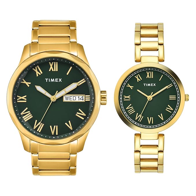 TIMEX Analog Watch for Couple with Green Round Dial & Gold Stainless Steel Bracelet Band Water Resistant Pair's Wrist Watches