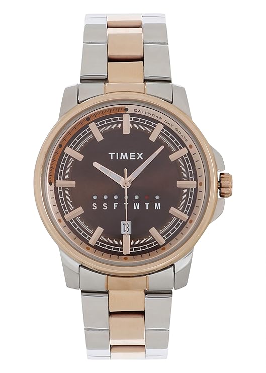 TIMEX Analog Watch for Man with Brown Round Dial & Two Tone Stainless Steel Bracelet Band Water Resistant Men's Wrist Watches