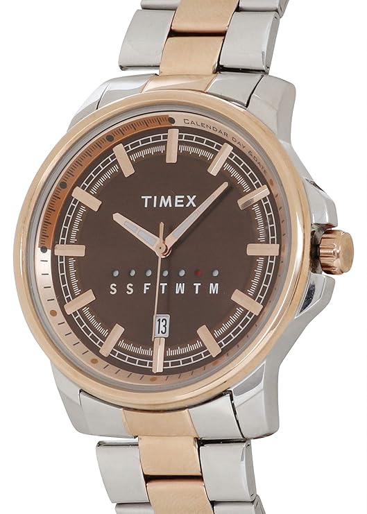 TIMEX Analog Watch for Man with Brown Round Dial & Two Tone Stainless Steel Bracelet Band Water Resistant Men's Wrist Watches