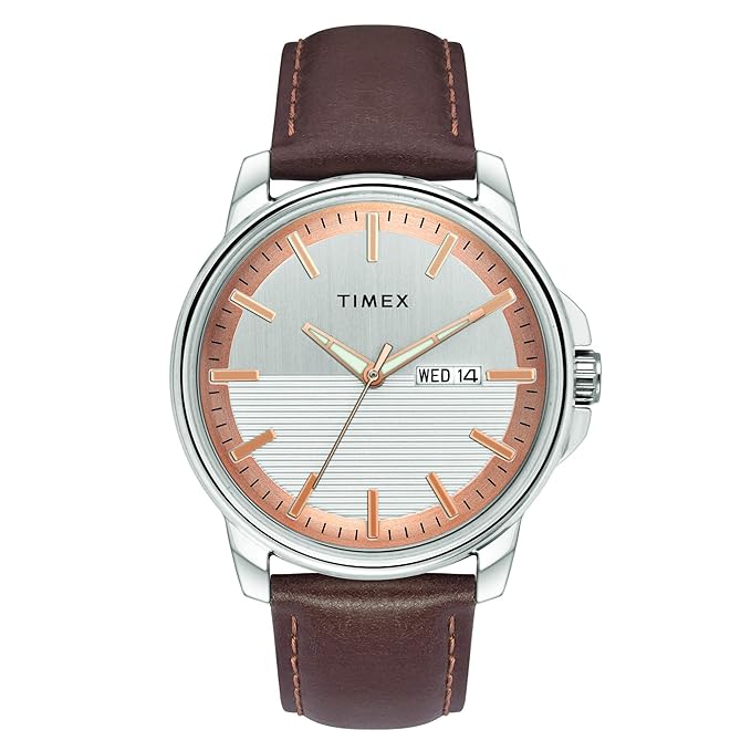 TIMEX Analog Watch for Man with Silver Round Dial & Brown Leather Strap Band Water Resistant Men's Wrist Watches