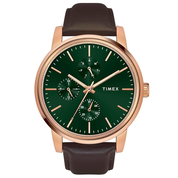 TIMEX Analog Watch for Man with Green Round Dial & Brown Leather Strap Band Water Resistant Men's Wrist Watches