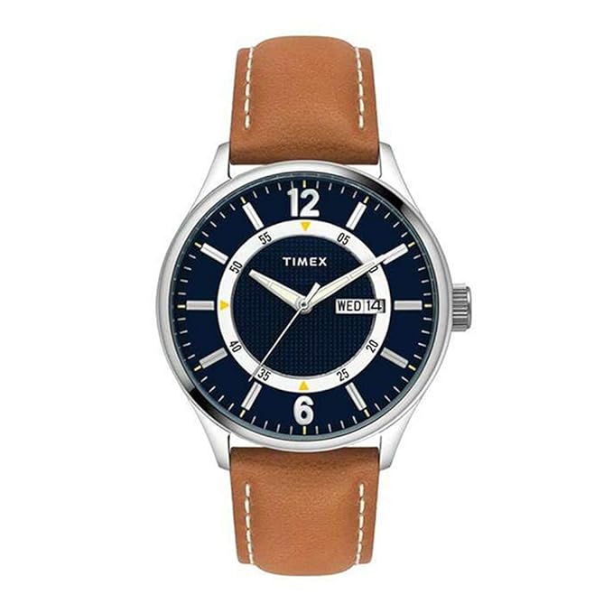 TIMEX Analog Watch for Man with Blue Round Dial & Tan Leather Strap Band Water Resistant Men's Wrist Watches