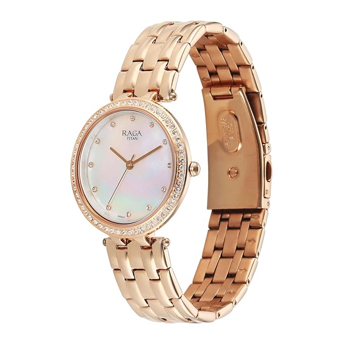 Titan Raga DEC Blaze Quartz Analog Mother of Pearl Dial Rose Gold Metal Strap Watch For Women