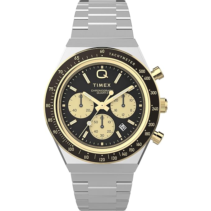 TIMEX Q Diver Inspired Analog Black Round Dial & Two-Tone Stainless Steel Bracelet Band Water Resistant Men's Wrist Watch