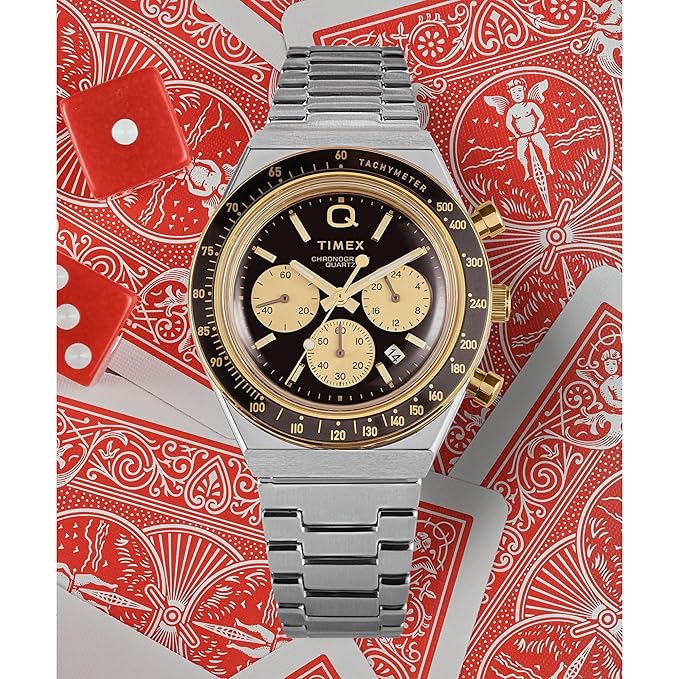TIMEX Q Diver Inspired Analog Black Round Dial & Two-Tone Stainless Steel Bracelet Band Water Resistant Men's Wrist Watch