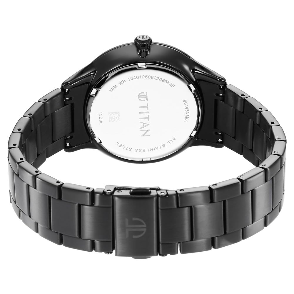 Titan Quartz World Time with Date Black Dial Black Stainless Steel Strap Watch for Men