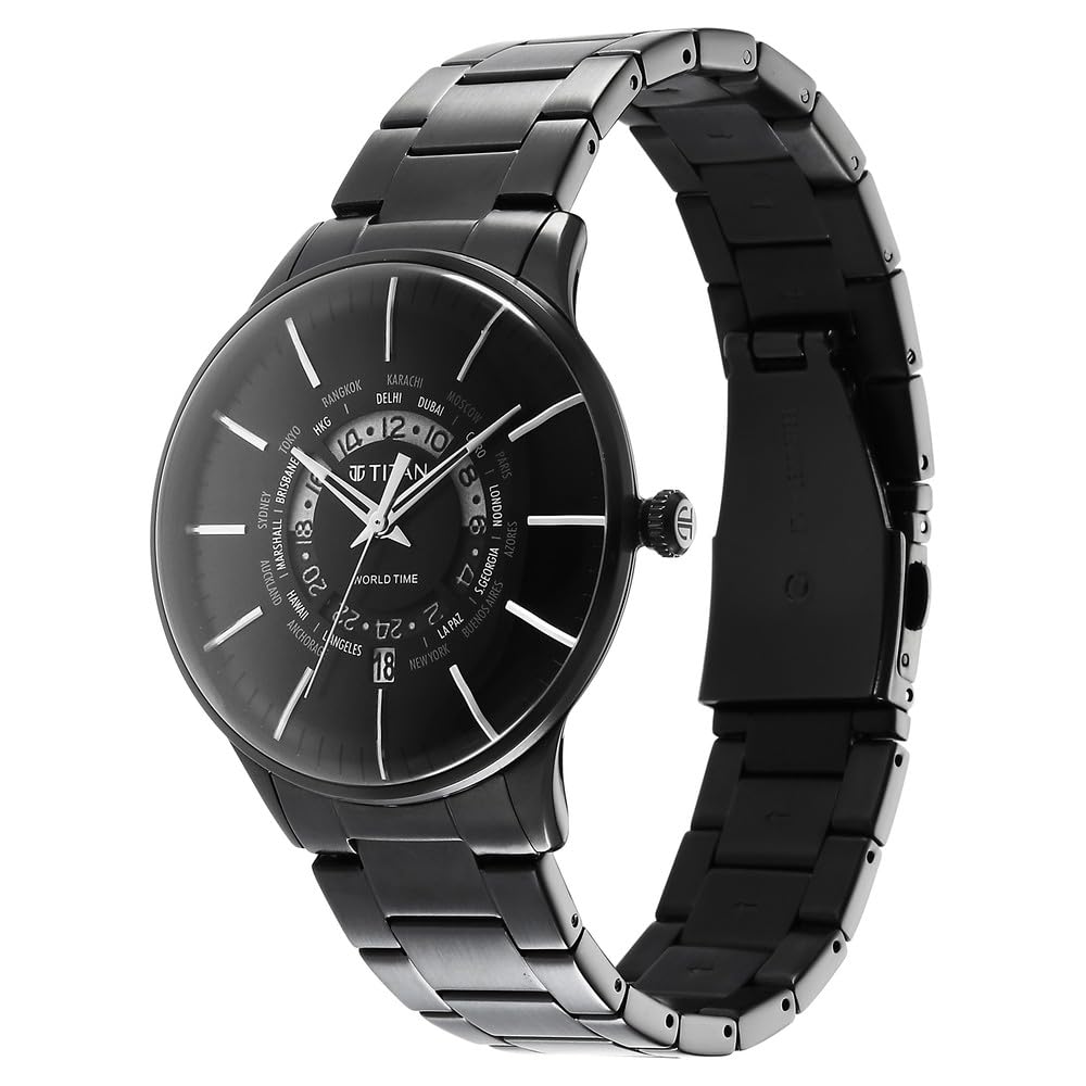 Titan Quartz World Time with Date Black Dial Black Stainless Steel Strap Watch for Men