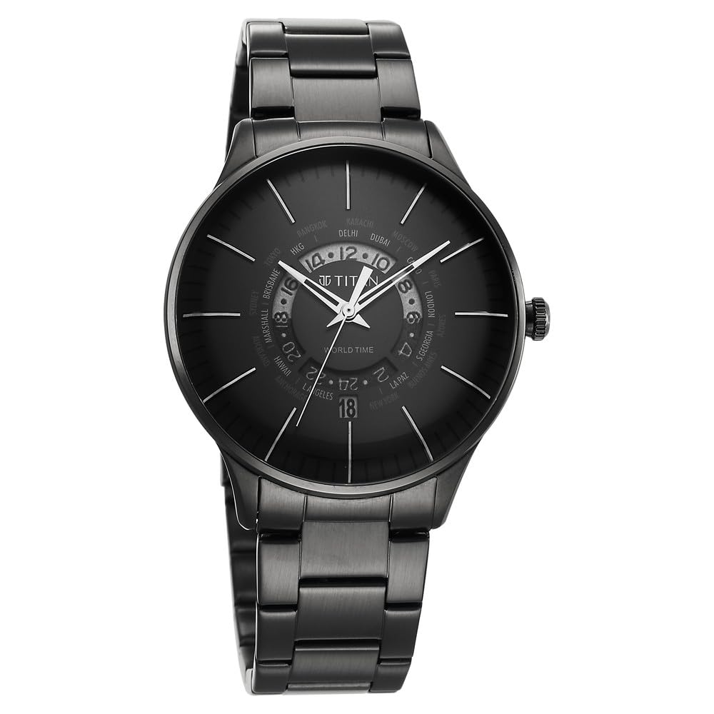Titan Quartz World Time with Date Black Dial Black Stainless Steel Strap Watch for Men