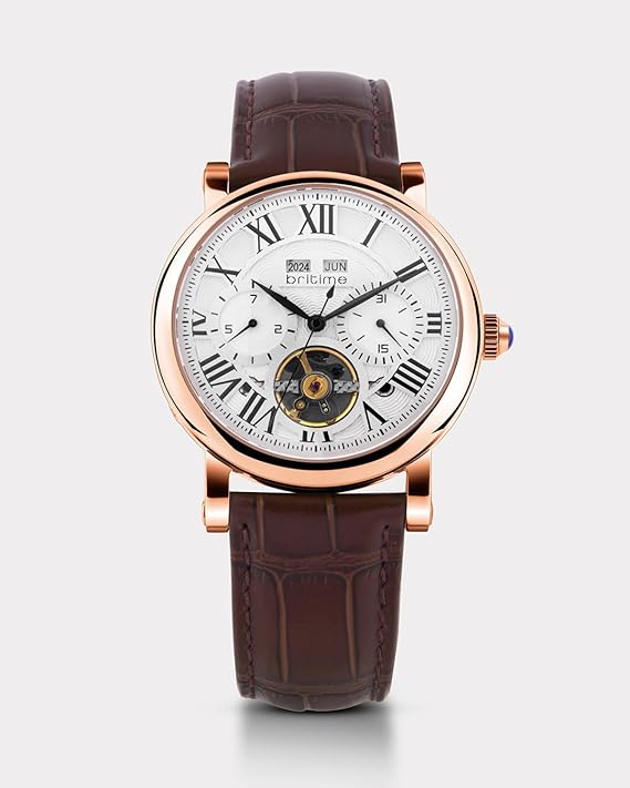Men’s Automatic Motion Brown Leather Strap Watch with Silver Dial and Multi-Function Design