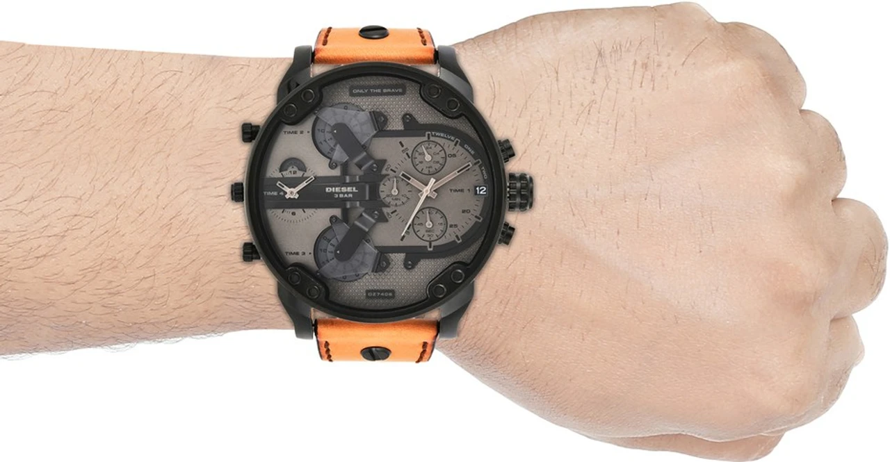 Diesel Men's Mr. Daddy 2.0 Black IP and Brown Leather Chronograph Watch Analog Watch  - For Men