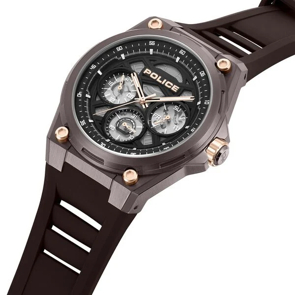 Police Quartz Multifunction Black Dial Brown Silicone Strap Watch For Men