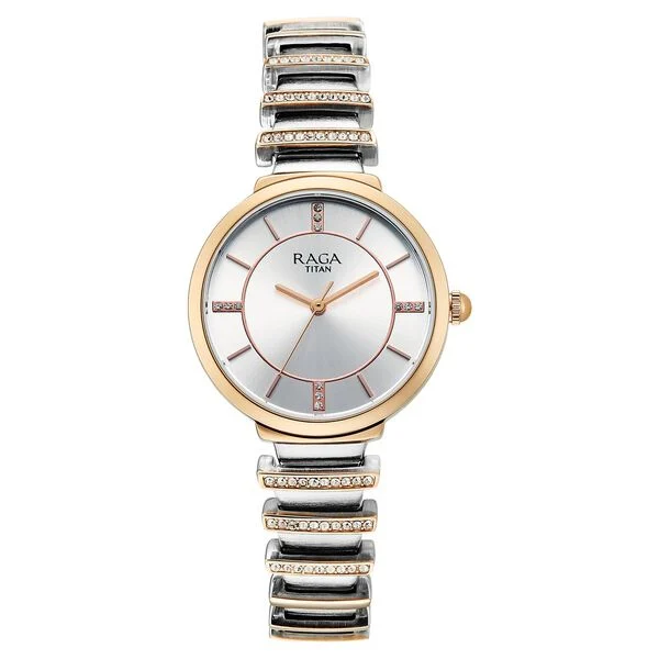 Titan Raga Spotlight Quartz Analog Silver Dial Two Toned Metal Strap Watch For Women