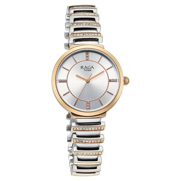 Titan Raga Spotlight Quartz Analog Silver Dial Two Toned Metal Strap Watch For Women
