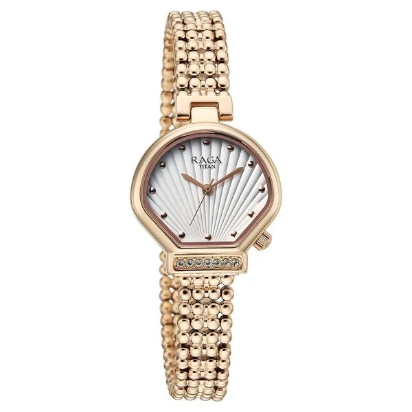 Titan Raga Spotlight Quartz Analog White Dial Rose Gold Metal Strap Watch For Women
